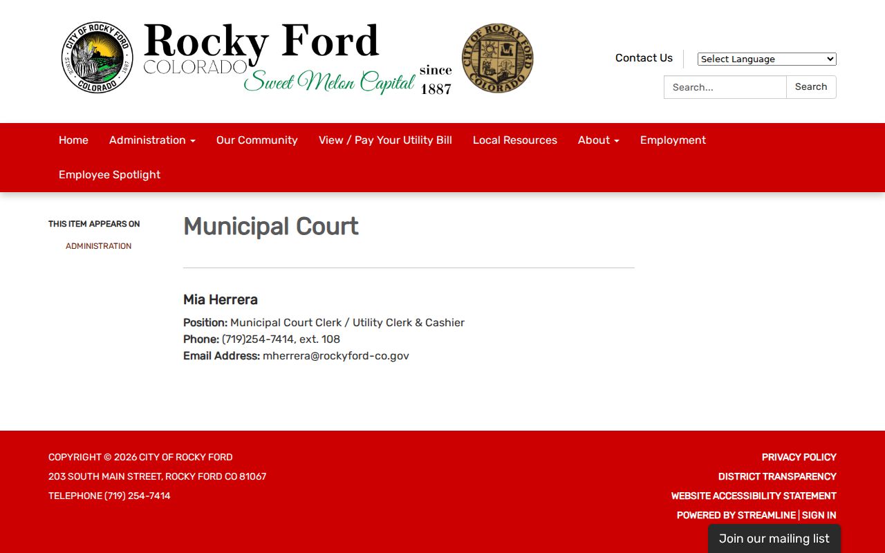 Rocky Ford municipal clerk contact for Otero County city court warrants